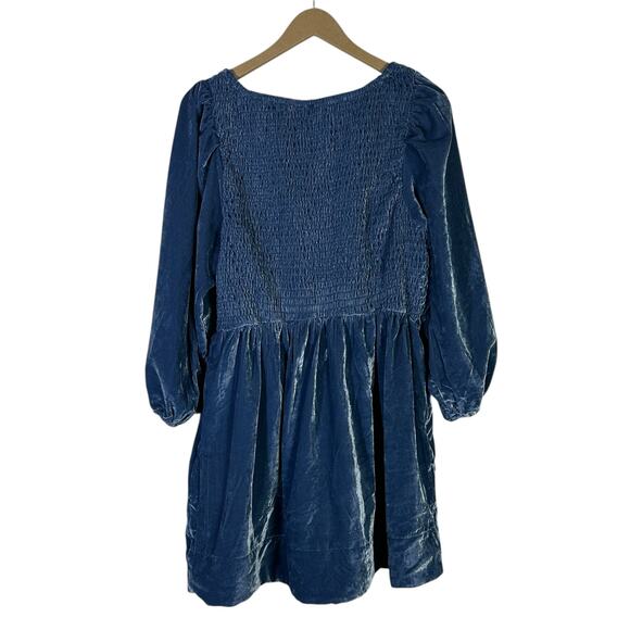 Free People Farrier Velvet Mini Dress Womens M Blue Smocked Puff Sleeve Witchy - Picture 6 of 8
